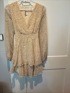 Japna Cream Long-Sleeve Tiered Polka Dot Dress. B16